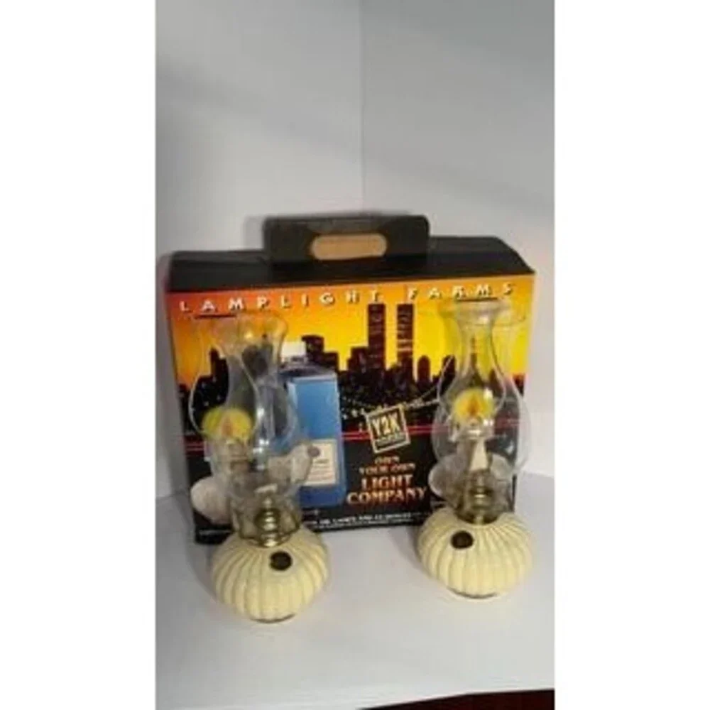 Y2K Pumpkin Oil Lamps Set of 2 Glass Chimneys Original Box Fall Decor